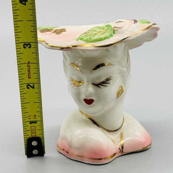 Lady Head Vase Pink Gold Eyelashes Highlights Jewelry Hat 1950s 3 inch - Picture 8 of 8